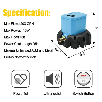 EDOU 1200 GPH Swimming Pool Cover Pump ,Including 16' Drainage Hose and 3 Adapters,Ideal