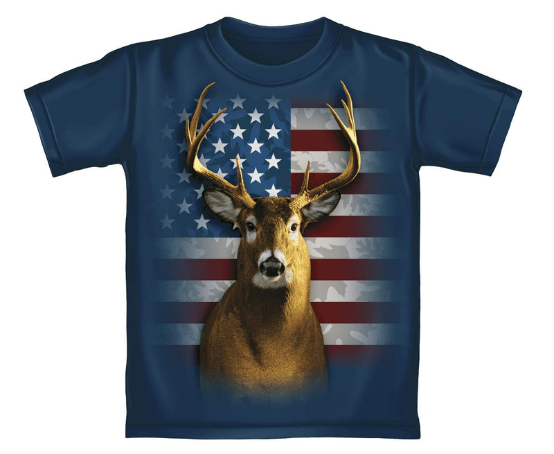 Dawhud Direct American Flag Patriotic Deer Adult Navy Tee Shirt (Adult Medium