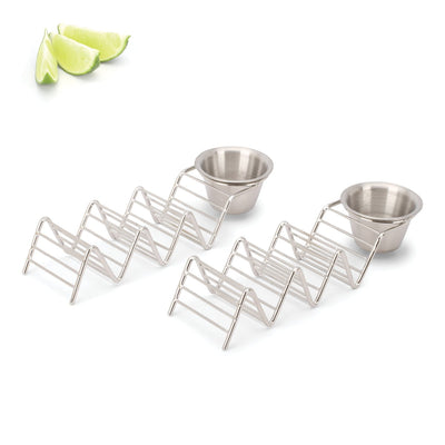 Taco Holder Stand with Salsa Cup - Chrome Finish - Premium 18/8 Stainless Steel - Holds 3