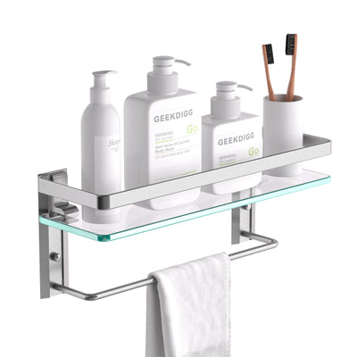 Geekdigg Bathroom Shelf With Towel Bar, Wall Mounted Glass Shower Rack 15.2 By 4.5 Inches