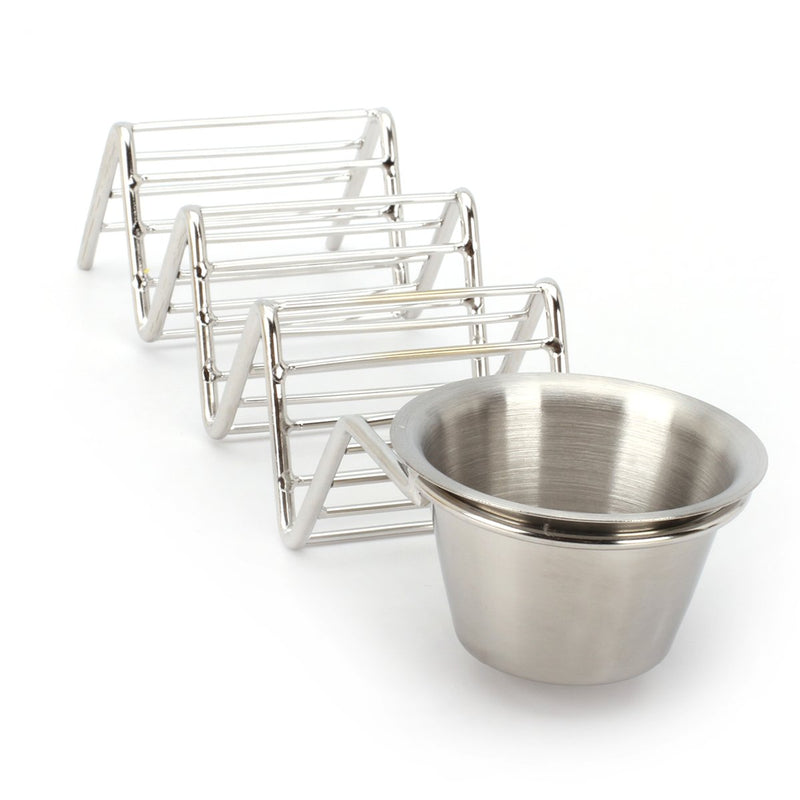 Taco Holder Stand with Salsa Cup - Chrome Finish - Premium 18/8 Stainless Steel - Holds 3