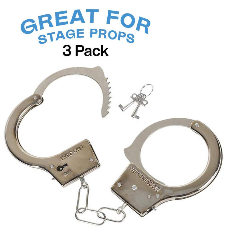 Kicko Steel Handcuffs with Keys - 3 Pack, Silver, 10.5 Inch - Pretend, Costume Props