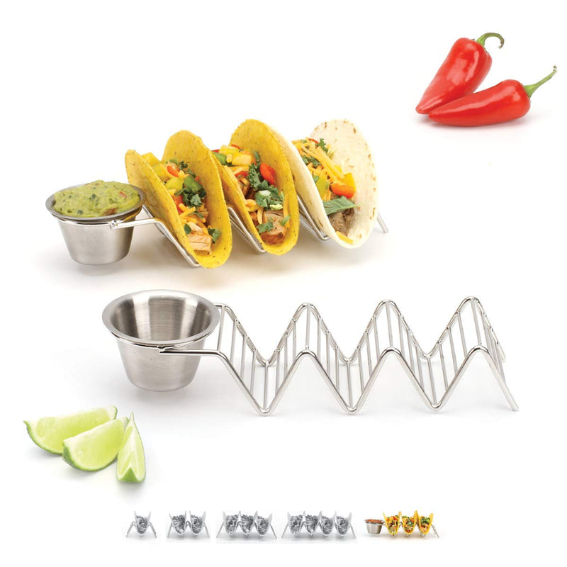 Taco Holder Stand with Salsa Cup - Chrome Finish - Premium 18/8 Stainless Steel - Holds 3