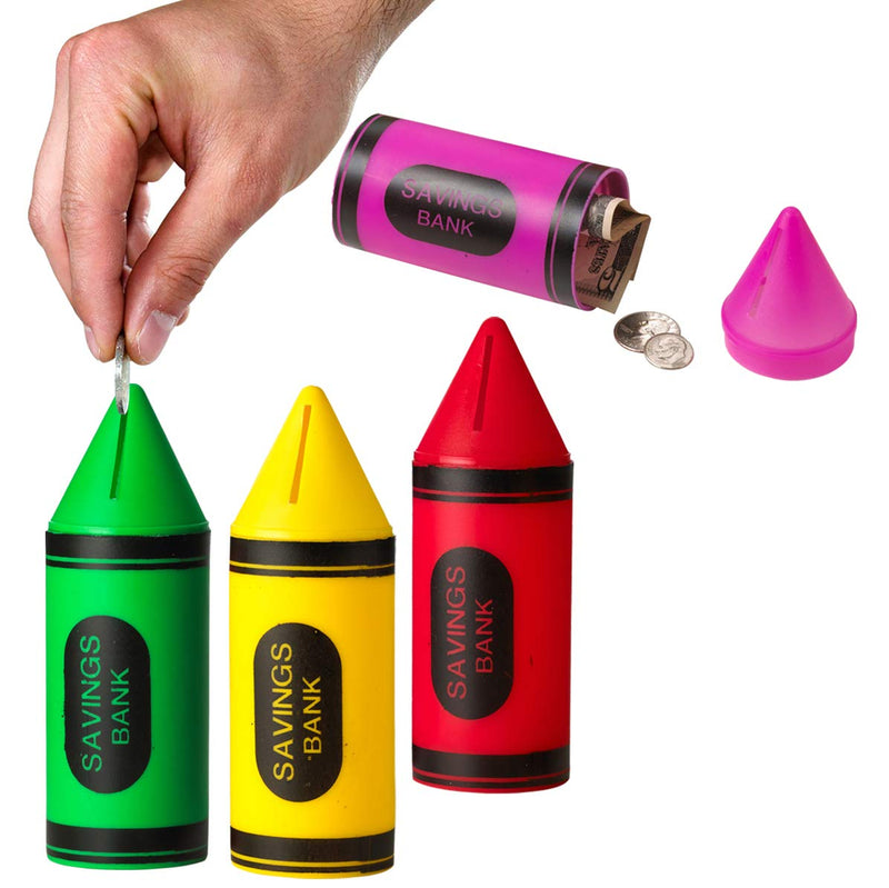 Kicko Crayon Banks - 12 Pack - 6 Inch - for Kids, Party Favors, Stocking Stuffers