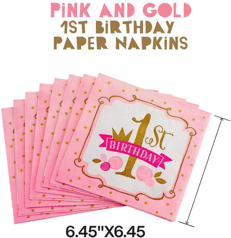 Kicko Pink and Gold First Birthday Paper Napkins - 64 Pack - 6.45 x 6.45 Inches