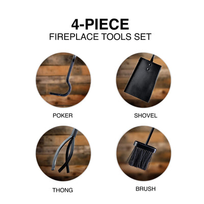 FLAMELY 4-Piece Cast Iron Fireplace Tools Set. Easy to Assemble Poker, Shovel, Tongs