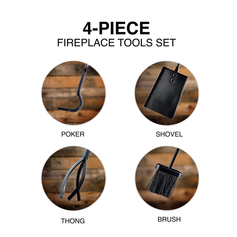 FLAMELY 4-Piece Cast Iron Fireplace Tools Set. Easy to Assemble Poker, Shovel, Tongs