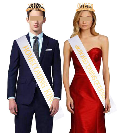 King's and Queen's Royal Crowns Gold, "Homecoming King" and"Homecoming Queen" Satin Sash