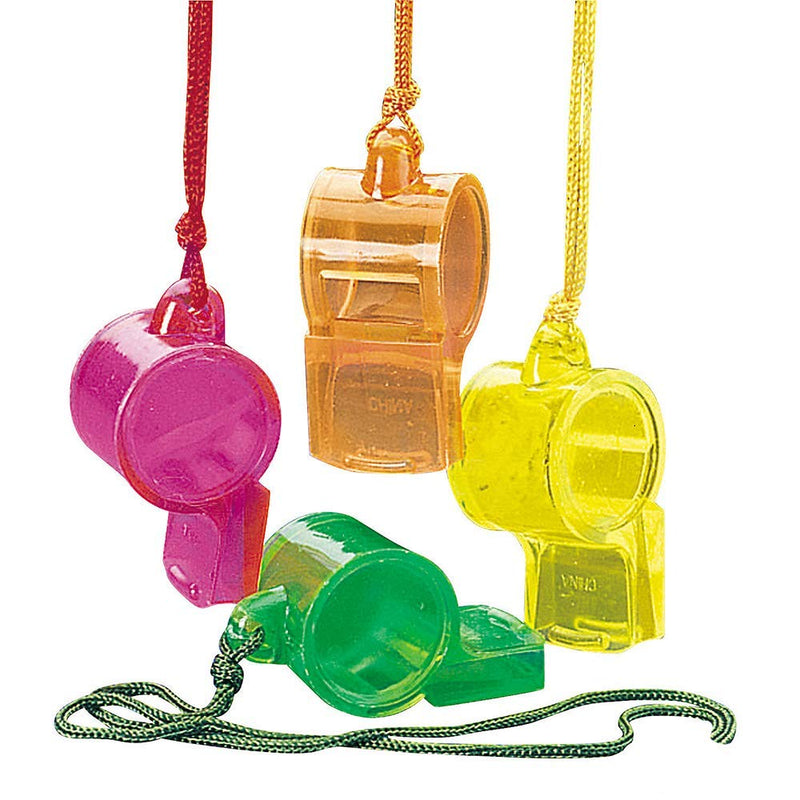 Kicko Plastic Transparent Whistles with Nylon Cord - 24 Pack - 2 Inch Whistle - 35 Inch