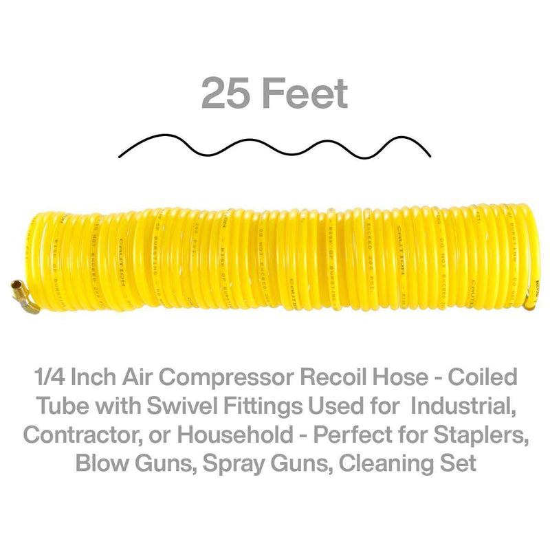 Katzco 25 Feet and a 1/4 Inch Air Compressor Recoil Hose - Coiled Tube with Swivel