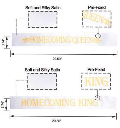 King's and Queen's Royal Crowns Gold, "Homecoming King" and"Homecoming Queen" Satin Sash