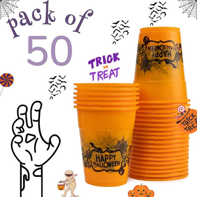 Halloween Orange Happy Halloween Plastic Party Reusable Cups - Bulk Pack of 50, 6", 8oz