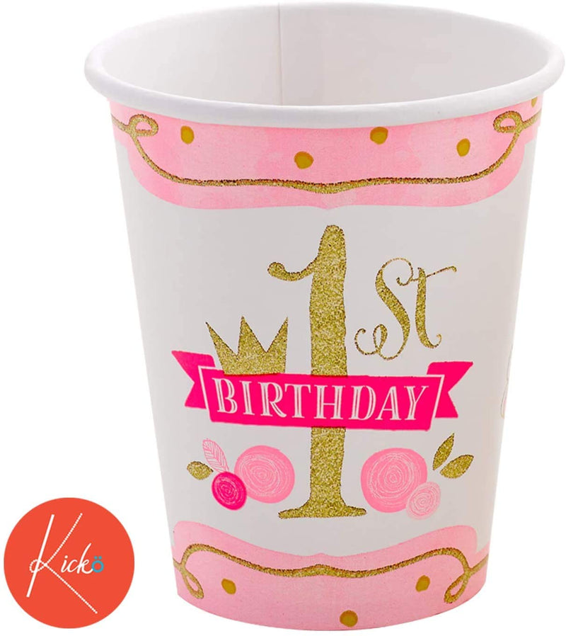 Kicko Paper Cups for First Birthday - 32 Pack, Pink and Gold - 9 Ounces - Disposable