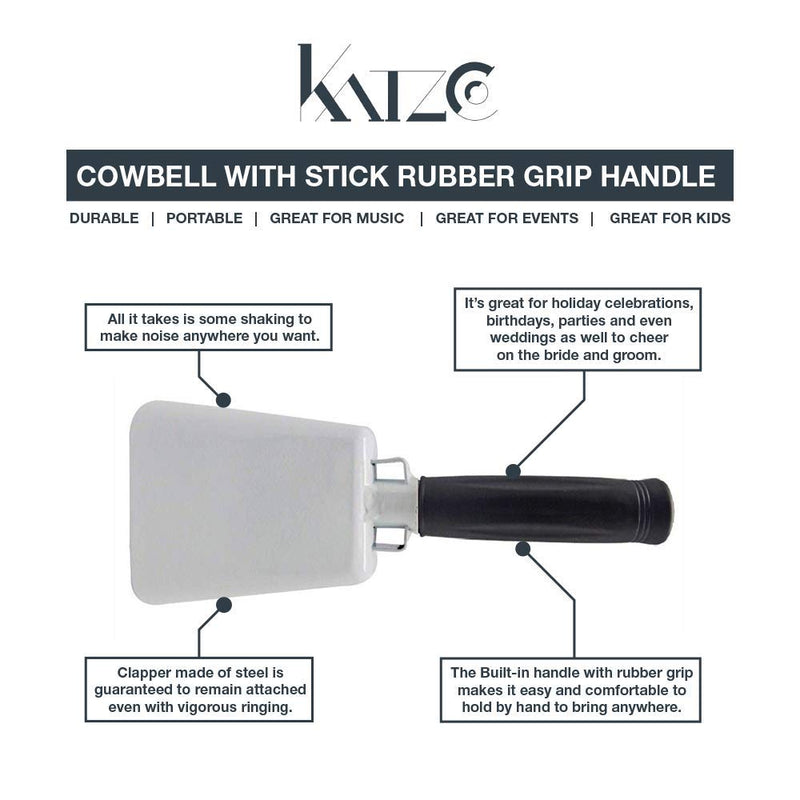 Katzco Cowbell with Stick Rubber Grip Handle and Built-in Clapper - 2 Pack - 10 Inch Steel