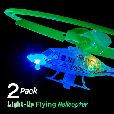 Kicko Flying Light-Up Toy - 2 Pack Ripcord Helicopter for Night Glow, Outdoor Playtime