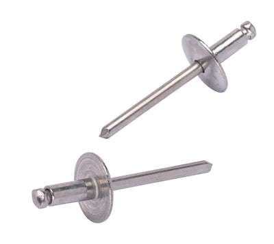 64 Large Flange Stainless Rivets (50pc) 3/16" Diameter, Grip Range (3/16" - 1/4"), All