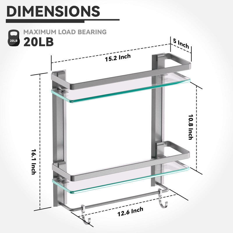 Geekdigg Bathroom Glass Shelf With Towel Bar, 2 Tier Wall Mounted Tempered Glass Shower