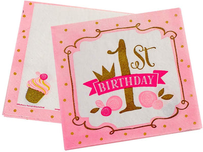 Kicko Pink and Gold First Birthday Paper Napkins - 64 Pack - 6.45 x 6.45 Inches