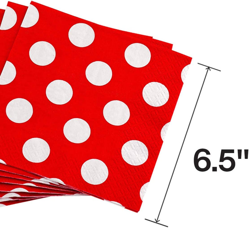 Kicko Ruby Red with White Polka Dots Paper Napkins - 64 Pack - 6.25 x 6.25 Inch