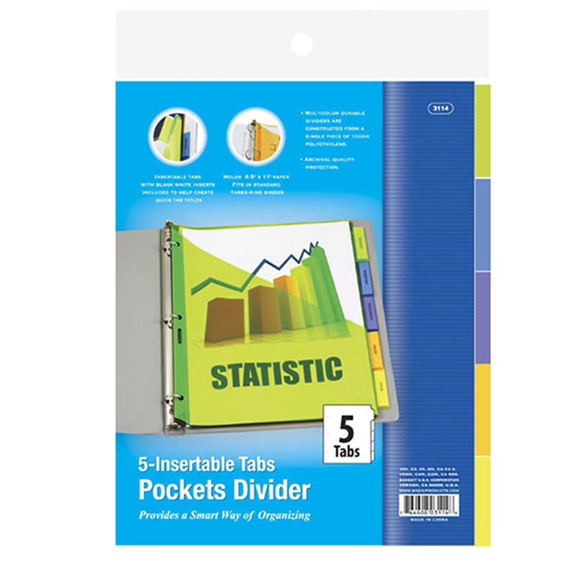 Kicko 3-Ring Binder Dividers - Pack of 6 Pocket Dividers with 5 Insertable Color Tabs