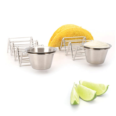 Taco Holder Stand with Salsa Cup - Chrome Finish - Premium 18/8 Stainless Steel - Holds 3