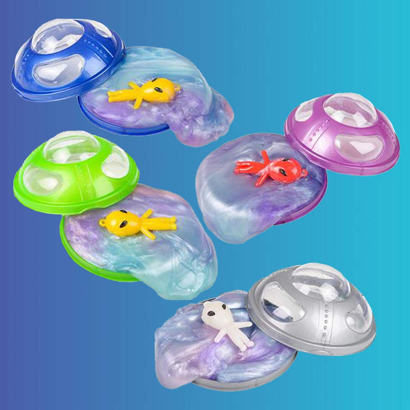 Kicko Rainbow UFO Alien Slime - Pack of 12 Colored, Gooey Slimes with 3 Inch Alien UFO