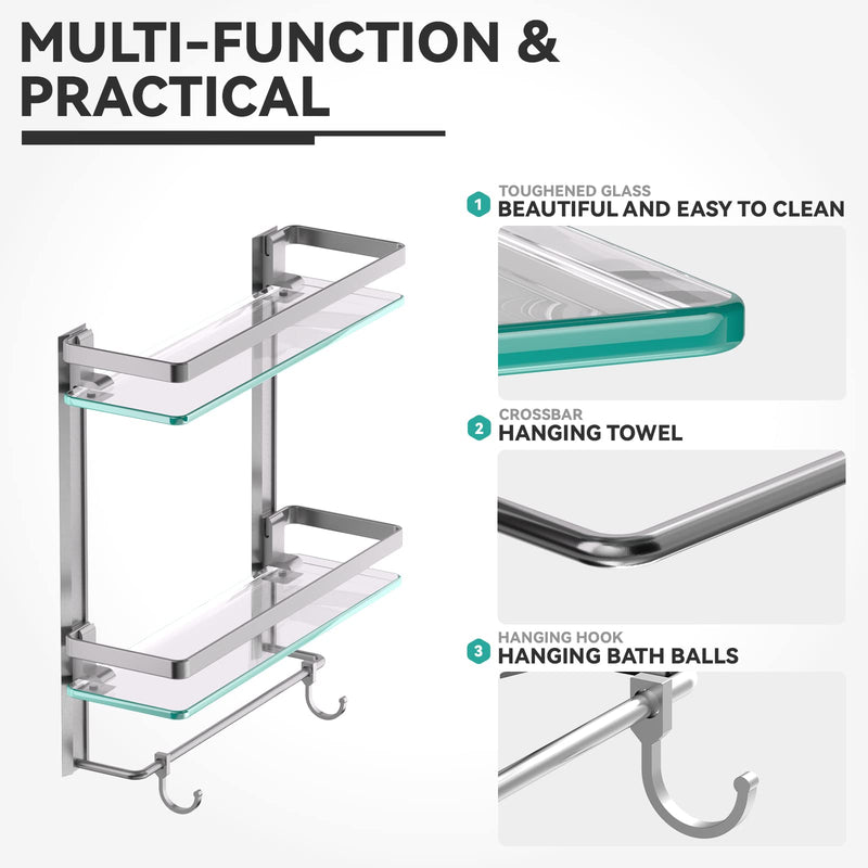 Geekdigg Bathroom Glass Shelf With Towel Bar, 2 Tier Wall Mounted Tempered Glass Shower