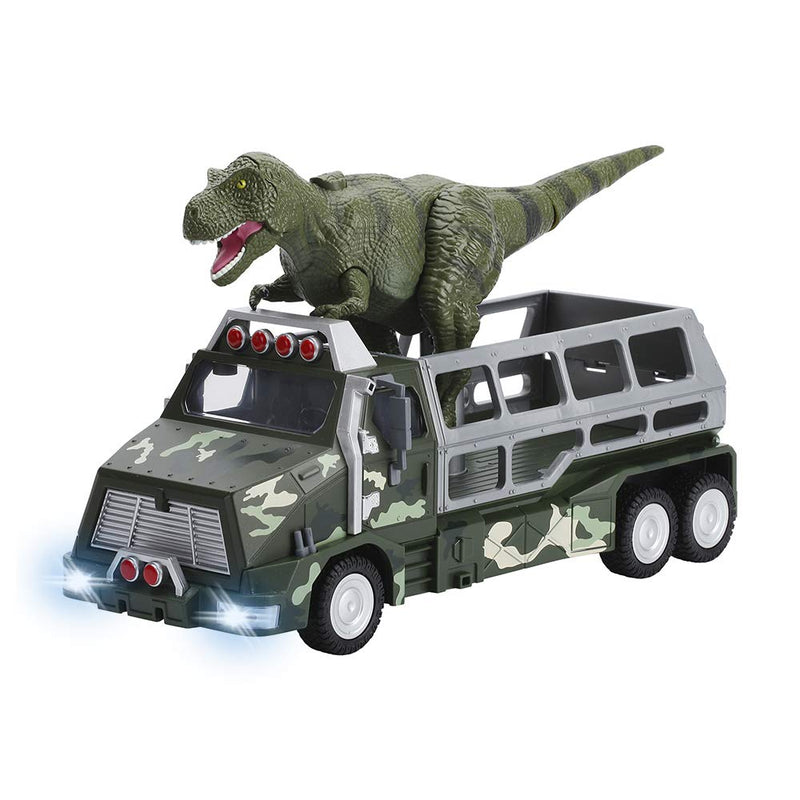 Dinosaur Toys Die-cast Transporter Jungle Truck and 9 Inch Tall Tyrannosaurs Rex Dinosaur