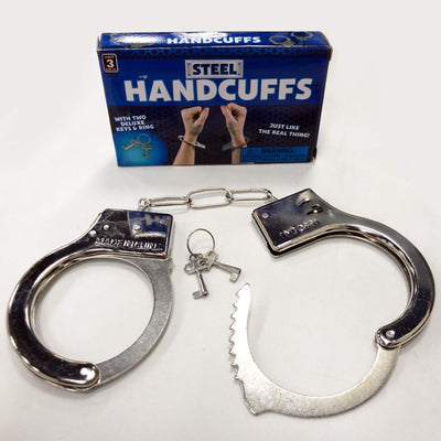 Kicko Steel Handcuffs with Keys - 3 Pack, Silver, 10.5 Inch - Pretend, Costume Props