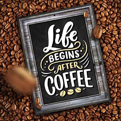 Coffee Signs Kitchen Decor - Life Begins After Coffee Wall Decor Sign - 11.75 inch x 9