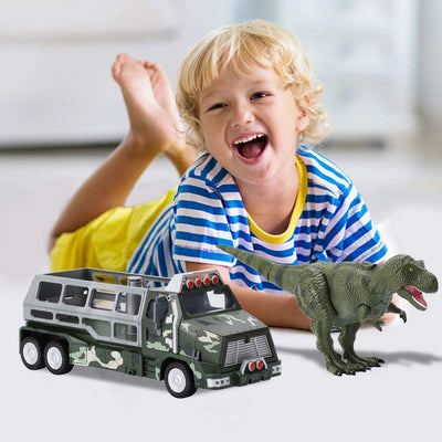 Dinosaur Toys Die-cast Transporter Jungle Truck and 9 Inch Tall Tyrannosaurs Rex Dinosaur