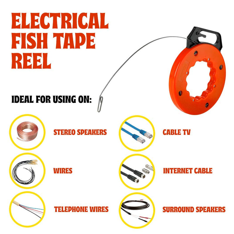 Katzco Electrical Fish Tape Reel - 50 Feet Reach - Impact Case for Electricians, Pull