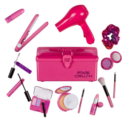 PixieCrush Kids Makeup Kit for Girls with Pretend Hair Dryer and Flat Iron; Play Makeup