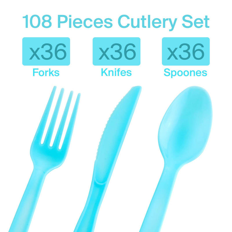 Kicko Pastel Blue Premium Cutlery - 108 Pieces - Plasticware for Birthday Parties