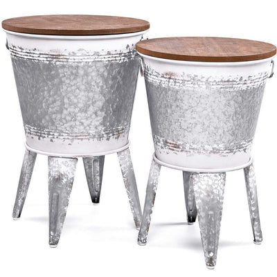 Farmhouse Accent Side Table - Galvanized Rustic End Table. Metal Storage Bin Wood Cover