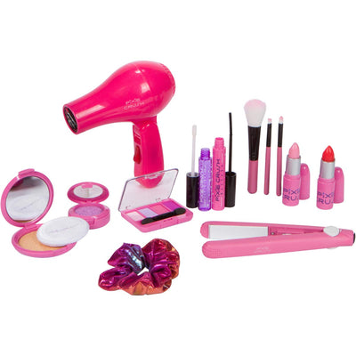 PixieCrush Kids Makeup Kit for Girls with Pretend Hair Dryer and Flat Iron; Play Makeup