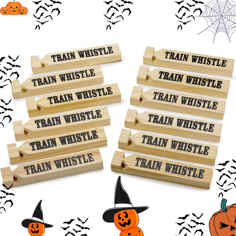 Kicko 12 Pack Wooden Train Whistles, 5.75 Inch - Printed On A Locomotive and Words Train