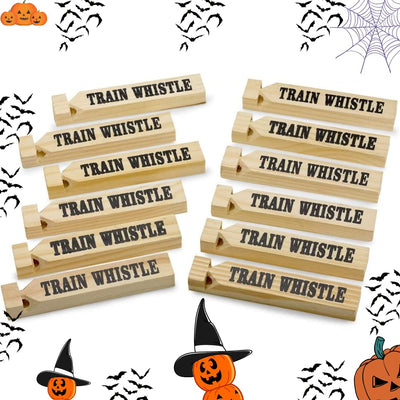 Kicko Wooden Train Whistles - 24 Pack - 5.75 Inch - Printed on a Locomotive and Words