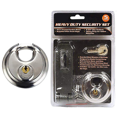 Katzco Heavy-Duty Padlock, Security Set - 5 Piece Set - Lock, Latch, and Key Pack, Classic