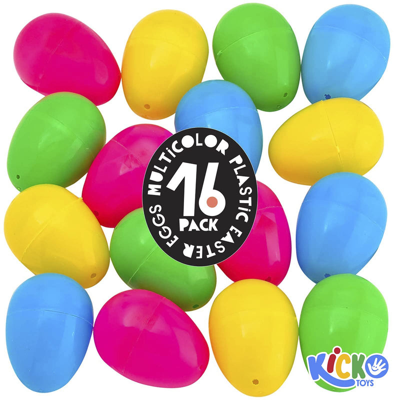 Kicko Plastic Easter Egg Hunt Set - 16 Pack Prefilled Eggs with Stickers - 4 Colors -