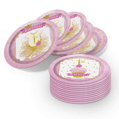 Kicko Pink and Gold First Birthday Paper Plates - 16 Pack - Disposable Dinner Accessories