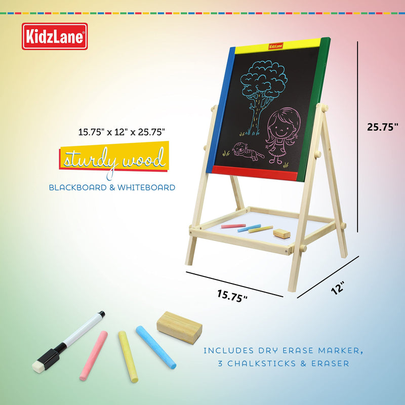 Kidzlane Art Easel for Kids | Wooden Toddler Easel | Double Sided Standing Chalkboard