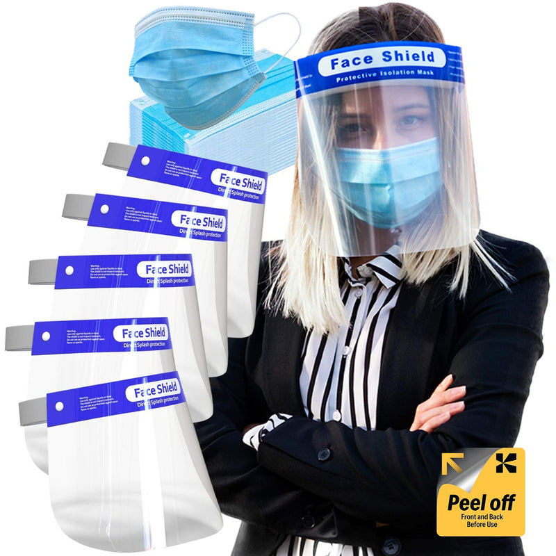 Katzco 5 Reusable Face Shields with 50 Pieces Disposable Masks - Clear Full Face Visor