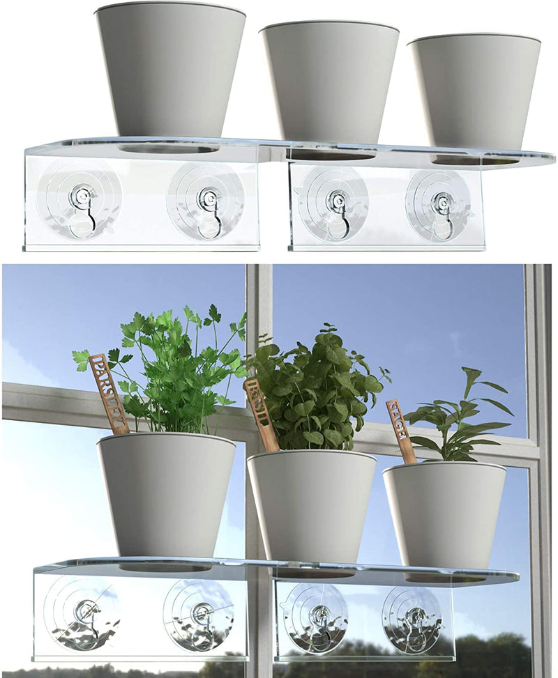 Window Garden Double Veg Ledge Suction Cup Shelf + 4" Self Watering Planters + Fiber Soil