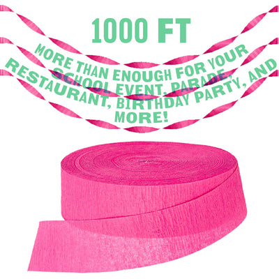 Kicko Hot Pink Crepe Streamers - 2 Pack, 1000 Feet x 1.75 Inches - for Kids, Baby Showers