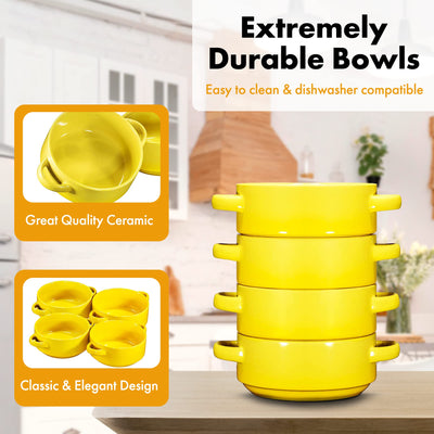 19oz Ceramic Soup Bowls with Handles - Oven Safe Bowls for French Onion Soup, Yellow Oven