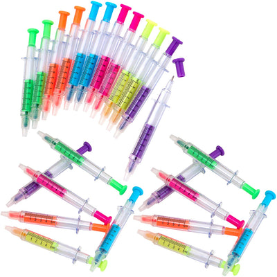 Kicko Syringe Pens with Highlighter - 24 Pack - Multi Neon Colors - Pretend Play, Medical