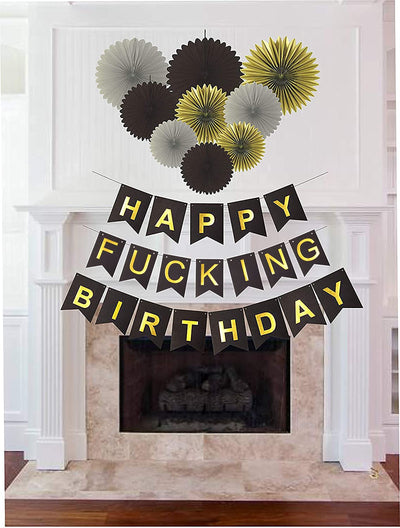 Birthday Decoration Supplies, Black and Gold Happy Birthday Bunting Banner | Its My Fing