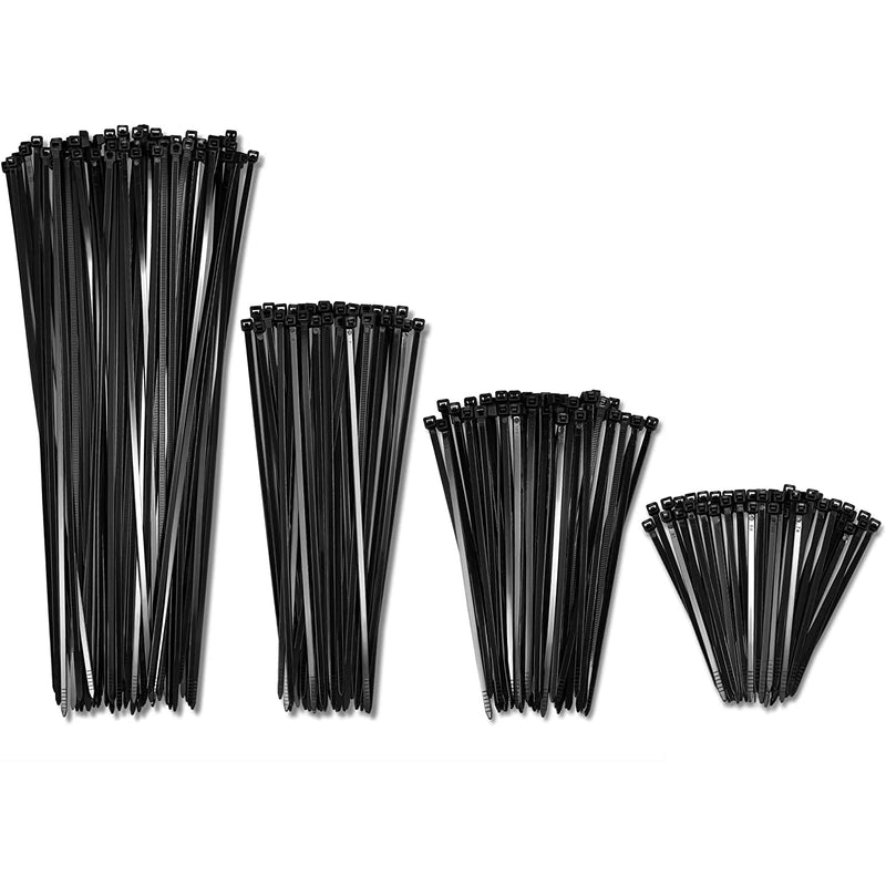 4" 6", 8", 12" Inch Cable Zip Ties Black Heavy Duty (400 Pack, 100 Each Size) - 40Lbs Ten