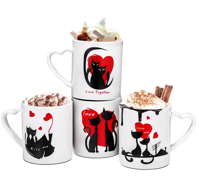 Womans Gifts Ideas of 4 Cute Cat Cups Romantic Coffee Cat Mugs Wedding Gifts, 12 Oz